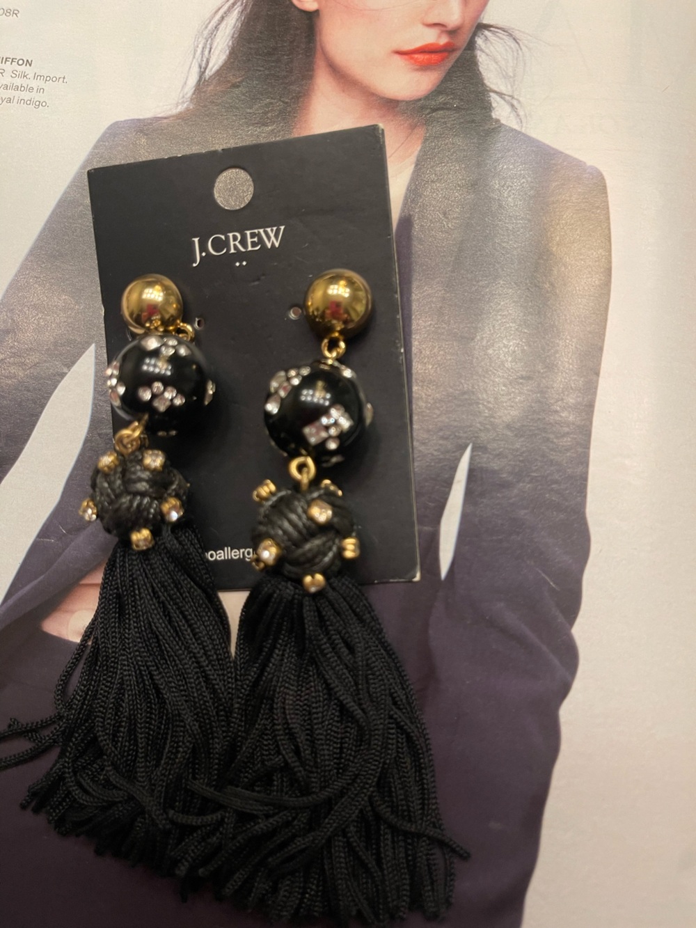 J. Crew Beautiful Stylish Black Beaded Tassel Drop Earrings with Gold Accents